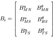 \begin{displaymath}B_i = \left[ \begin{array}{cc}
B^u_{MN} & B^\theta_{MB} \\ ...
...a_{BS} \\
B^u_{TS} & B^\theta_{TS}
\end{array} \right] \\
\end{displaymath}