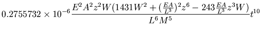 $\displaystyle 0.2755732\times10^{-6}\frac{E^2A^2z^2W
(1431W^2+(\frac{EA}{L^3})^2z^6-243\frac{EA}{L^3}z^3W)}
{L^6M^5}t^{10}$